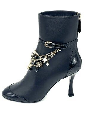 CHANEL 20A Leather Charm Chain CC Pearl Camellia Ankle Booties Boots Heels